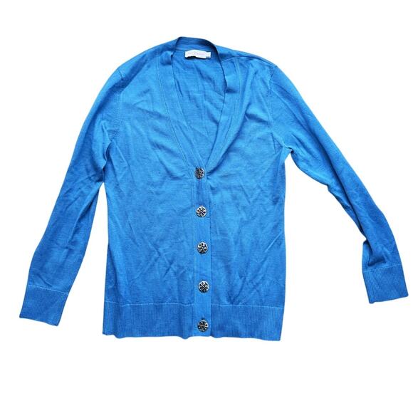 TORY BURCH Simone Merino Wool Cardigan Sweater Turquoise Gold Logo Buttons Large - Picture 3 of 10
